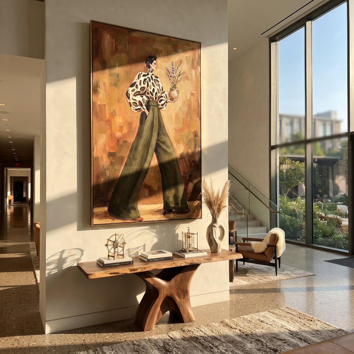 Warm Warm Wide-Legged Fashion Figure focuses on a stylized fashion figure in dramatic trousers, blouse, or patterned coat. The composition keeps the principal subject clearly separated from the painted field, so the eye can follow the specific gesture, silhouette, garment, fur, petal, ridge, or river visible in this artwork. Its color relationships move between green, yellow, and beige, with lighter passages opening the focal area and deeper strokes giving the forms weight. Palette-knife edges