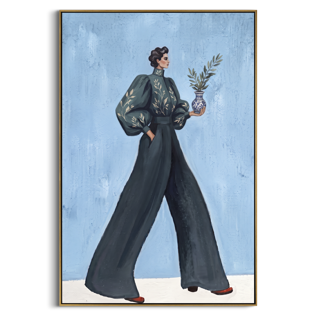 Still Warm Wide-Legged Fashion Figure focuses on a stylized fashion figure in dramatic trousers, blouse, or patterned coat. The composition keeps the principal subject clearly separated from the painted field, so the eye can follow the specific gesture, silhouette, garment, fur, petal, ridge, or river visible in this artwork. Its color relationships move between blue, grey, and white, with lighter passages opening the focal area and deeper strokes giving the forms weight. Palette-knife edges