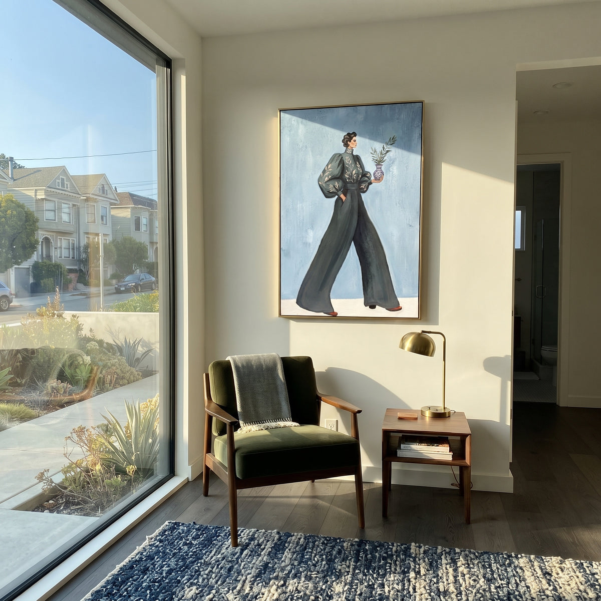 Still Warm Wide-Legged Fashion Figure focuses on a stylized fashion figure in dramatic trousers, blouse, or patterned coat. The composition keeps the principal subject clearly separated from the painted field, so the eye can follow the specific gesture, silhouette, garment, fur, petal, ridge, or river visible in this artwork. Its color relationships move between blue, grey, and white, with lighter passages opening the focal area and deeper strokes giving the forms weight. Palette-knife edges