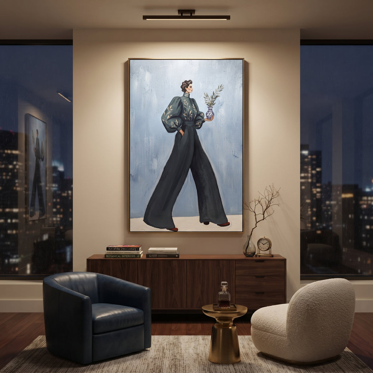 Still Warm Wide-Legged Fashion Figure focuses on a stylized fashion figure in dramatic trousers, blouse, or patterned coat. The composition keeps the principal subject clearly separated from the painted field, so the eye can follow the specific gesture, silhouette, garment, fur, petal, ridge, or river visible in this artwork. Its color relationships move between blue, grey, and white, with lighter passages opening the focal area and deeper strokes giving the forms weight. Palette-knife edges