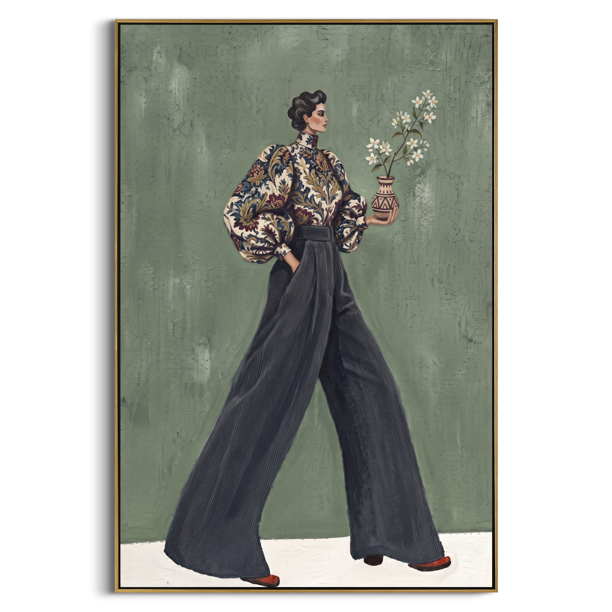Gentle Warm Wide-Legged Fashion Figure focuses on a stylized fashion figure in dramatic trousers, blouse, or patterned coat. The composition keeps the principal subject clearly separated from the painted field, so the eye can follow the specific gesture, silhouette, garment, fur, petal, ridge, or river visible in this artwork. Its color relationships move between green, brown, and yellow, with lighter passages opening the focal area and deeper strokes giving the forms weight. Palette-knife