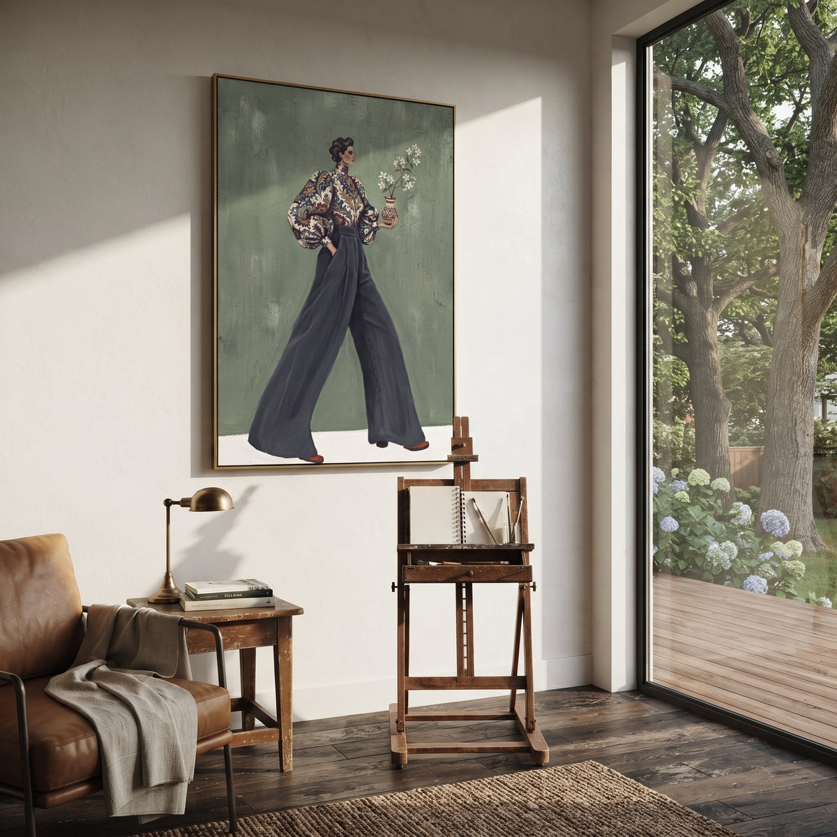 Gentle Warm Wide-Legged Fashion Figure focuses on a stylized fashion figure in dramatic trousers, blouse, or patterned coat. The composition keeps the principal subject clearly separated from the painted field, so the eye can follow the specific gesture, silhouette, garment, fur, petal, ridge, or river visible in this artwork. Its color relationships move between green, brown, and yellow, with lighter passages opening the focal area and deeper strokes giving the forms weight. Palette-knife
