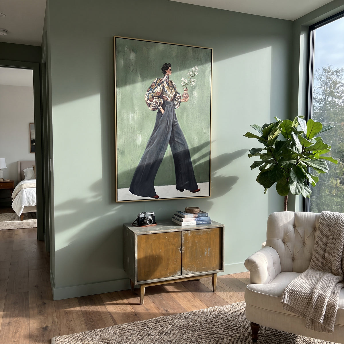 Gentle Warm Wide-Legged Fashion Figure focuses on a stylized fashion figure in dramatic trousers, blouse, or patterned coat. The composition keeps the principal subject clearly separated from the painted field, so the eye can follow the specific gesture, silhouette, garment, fur, petal, ridge, or river visible in this artwork. Its color relationships move between green, brown, and yellow, with lighter passages opening the focal area and deeper strokes giving the forms weight. Palette-knife