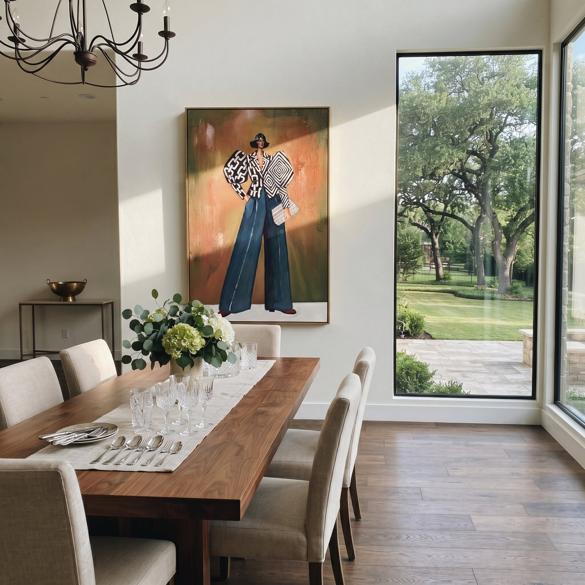 Open Warm Wide-Legged Fashion Figure focuses on a stylized fashion figure in dramatic trousers, blouse, or patterned coat. The composition keeps the principal subject clearly separated from the painted field, so the eye can follow the specific gesture, silhouette, garment, fur, petal, ridge, or river visible in this artwork. Its color relationships move between orange, black, and beige, with lighter passages opening the focal area and deeper strokes giving the forms weight. Palette-knife edges