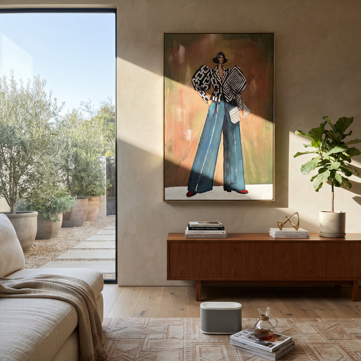 Open Warm Wide-Legged Fashion Figure focuses on a stylized fashion figure in dramatic trousers, blouse, or patterned coat. The composition keeps the principal subject clearly separated from the painted field, so the eye can follow the specific gesture, silhouette, garment, fur, petal, ridge, or river visible in this artwork. Its color relationships move between orange, black, and beige, with lighter passages opening the focal area and deeper strokes giving the forms weight. Palette-knife edges