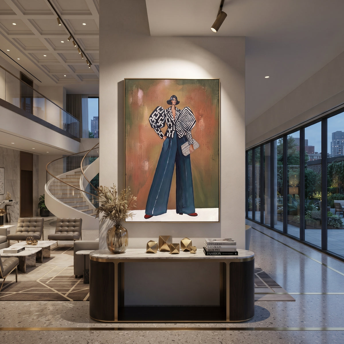 Open Warm Wide-Legged Fashion Figure focuses on a stylized fashion figure in dramatic trousers, blouse, or patterned coat. The composition keeps the principal subject clearly separated from the painted field, so the eye can follow the specific gesture, silhouette, garment, fur, petal, ridge, or river visible in this artwork. Its color relationships move between orange, black, and beige, with lighter passages opening the focal area and deeper strokes giving the forms weight. Palette-knife edges