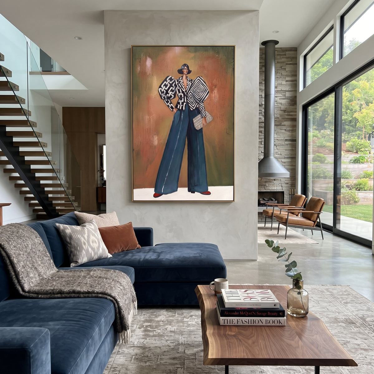 Open Warm Wide-Legged Fashion Figure focuses on a stylized fashion figure in dramatic trousers, blouse, or patterned coat. The composition keeps the principal subject clearly separated from the painted field, so the eye can follow the specific gesture, silhouette, garment, fur, petal, ridge, or river visible in this artwork. Its color relationships move between orange, black, and beige, with lighter passages opening the focal area and deeper strokes giving the forms weight. Palette-knife edges