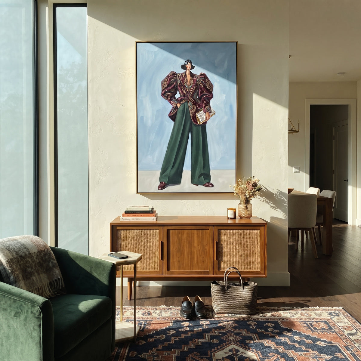 Wandering Warm Wide-Legged Fashion Figure focuses on a stylized fashion figure in dramatic trousers, blouse, or patterned coat. The composition keeps the principal subject clearly separated from the painted field, so the eye can follow the specific gesture, silhouette, garment, fur, petal, ridge, or river visible in this artwork. Its color relationships move between blue, red, and white, with lighter passages opening the focal area and deeper strokes giving the forms weight. Palette-knife edges