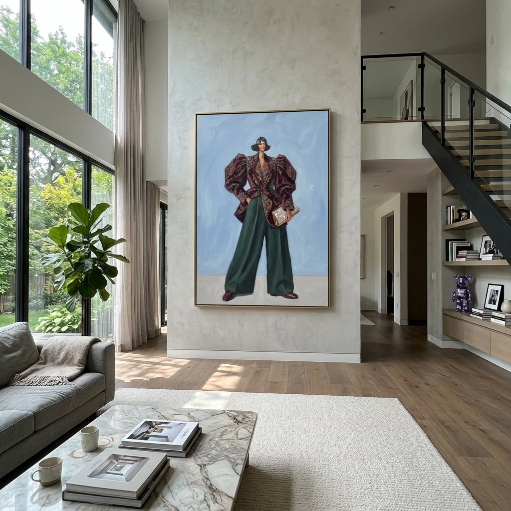 Wandering Warm Wide-Legged Fashion Figure focuses on a stylized fashion figure in dramatic trousers, blouse, or patterned coat. The composition keeps the principal subject clearly separated from the painted field, so the eye can follow the specific gesture, silhouette, garment, fur, petal, ridge, or river visible in this artwork. Its color relationships move between blue, red, and white, with lighter passages opening the focal area and deeper strokes giving the forms weight. Palette-knife edges
