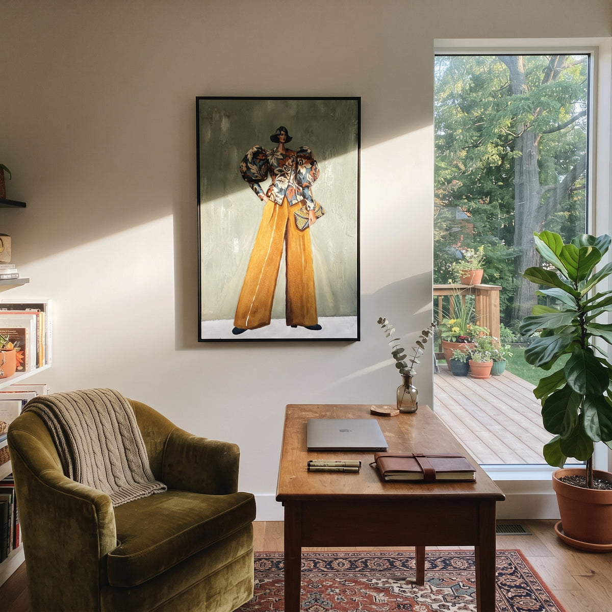 Reflective Warm Wide-Legged Fashion Figure focuses on a stylized fashion figure in dramatic trousers, blouse, or patterned coat. The composition keeps the principal subject clearly separated from the painted field, so the eye can follow the specific gesture, silhouette, garment, fur, petal, ridge, or river visible in this artwork. Its color relationships move between green, grey, and pink, with lighter passages opening the focal area and deeper strokes giving the forms weight. Palette-knife