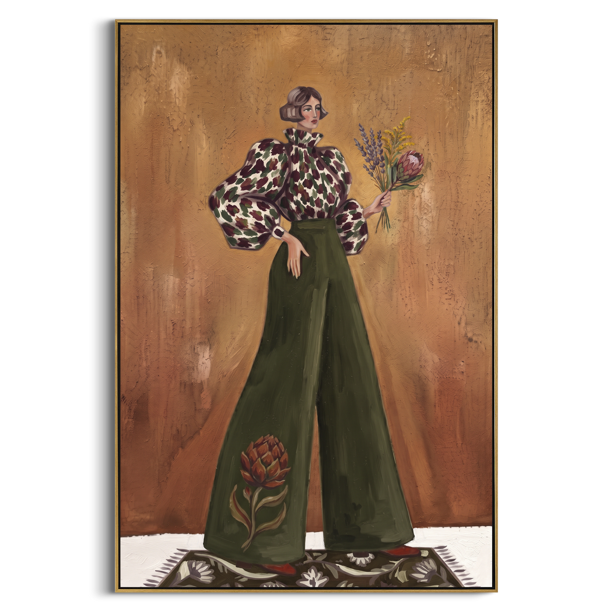 Midnight Warm Wide-Legged Fashion Figure focuses on a stylized fashion figure in dramatic trousers, blouse, or patterned coat. The composition keeps the principal subject clearly separated from the painted field, so the eye can follow the specific gesture, silhouette, garment, fur, petal, ridge, or river visible in this artwork. Its color relationships move between beige, black, and blue, with lighter passages opening the focal area and deeper strokes giving the forms weight. Palette-knife