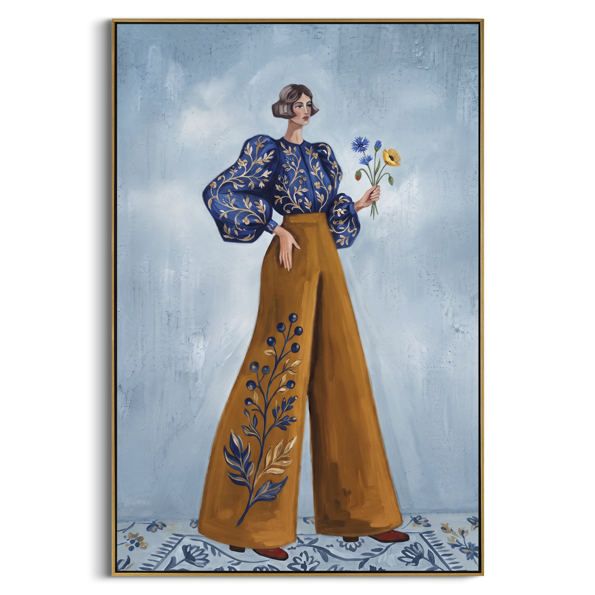Storybook Warm Wide-Legged Fashion Figure focuses on a stylized fashion figure in dramatic trousers, blouse, or patterned coat. The composition keeps the principal subject clearly separated from the painted field, so the eye can follow the specific gesture, silhouette, garment, fur, petal, ridge, or river visible in this artwork. Its color relationships move between purple, green, and white, with lighter passages opening the focal area and deeper strokes giving the forms weight. Palette-knife