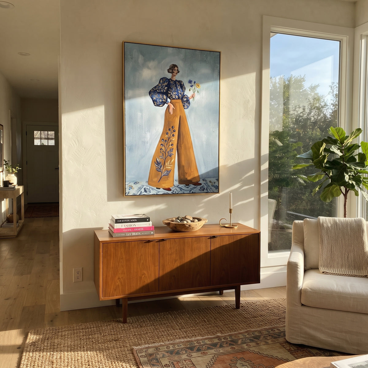 Storybook Warm Wide-Legged Fashion Figure focuses on a stylized fashion figure in dramatic trousers, blouse, or patterned coat. The composition keeps the principal subject clearly separated from the painted field, so the eye can follow the specific gesture, silhouette, garment, fur, petal, ridge, or river visible in this artwork. Its color relationships move between purple, green, and white, with lighter passages opening the focal area and deeper strokes giving the forms weight. Palette-knife