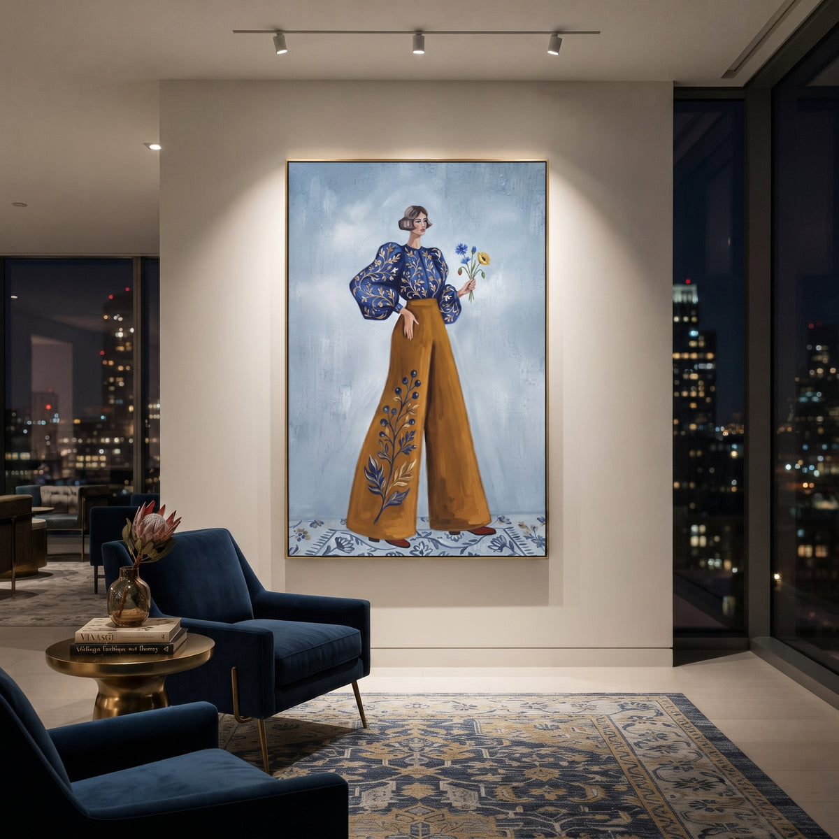 Storybook Warm Wide-Legged Fashion Figure focuses on a stylized fashion figure in dramatic trousers, blouse, or patterned coat. The composition keeps the principal subject clearly separated from the painted field, so the eye can follow the specific gesture, silhouette, garment, fur, petal, ridge, or river visible in this artwork. Its color relationships move between purple, green, and white, with lighter passages opening the focal area and deeper strokes giving the forms weight. Palette-knife