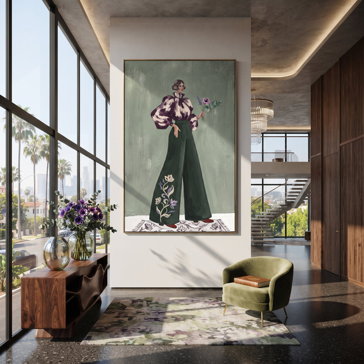 Quiet Still Wide-Legged Fashion Figure focuses on a stylized fashion figure in dramatic trousers, blouse, or patterned coat. The composition keeps the principal subject clearly separated from the painted field, so the eye can follow the specific gesture, silhouette, garment, fur, petal, ridge, or river visible in this artwork. Its color relationships move between blue, beige, and brown, with lighter passages opening the focal area and deeper strokes giving the forms weight. Palette-knife edges