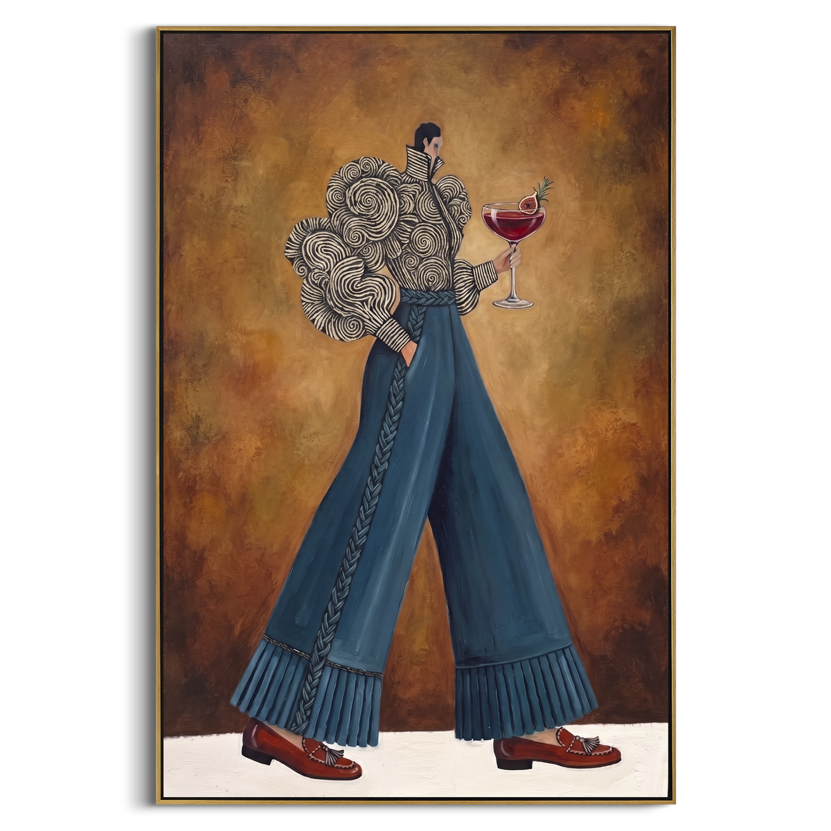 Luminous Still Wide-Legged Fashion Figure focuses on a stylized fashion figure in dramatic trousers, blouse, or patterned coat. The composition keeps the principal subject clearly separated from the painted field, so the eye can follow the specific gesture, silhouette, garment, fur, petal, ridge, or river visible in this artwork. Its color relationships move between orange, pink, and green, with lighter passages opening the focal area and deeper strokes giving the forms weight. Palette-knife