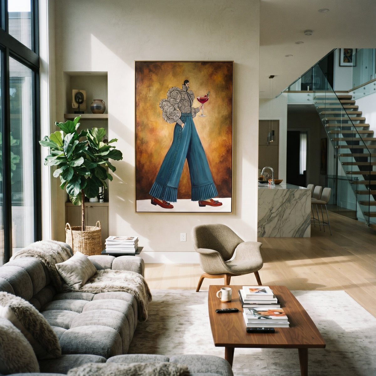 Luminous Still Wide-Legged Fashion Figure focuses on a stylized fashion figure in dramatic trousers, blouse, or patterned coat. The composition keeps the principal subject clearly separated from the painted field, so the eye can follow the specific gesture, silhouette, garment, fur, petal, ridge, or river visible in this artwork. Its color relationships move between orange, pink, and green, with lighter passages opening the focal area and deeper strokes giving the forms weight. Palette-knife