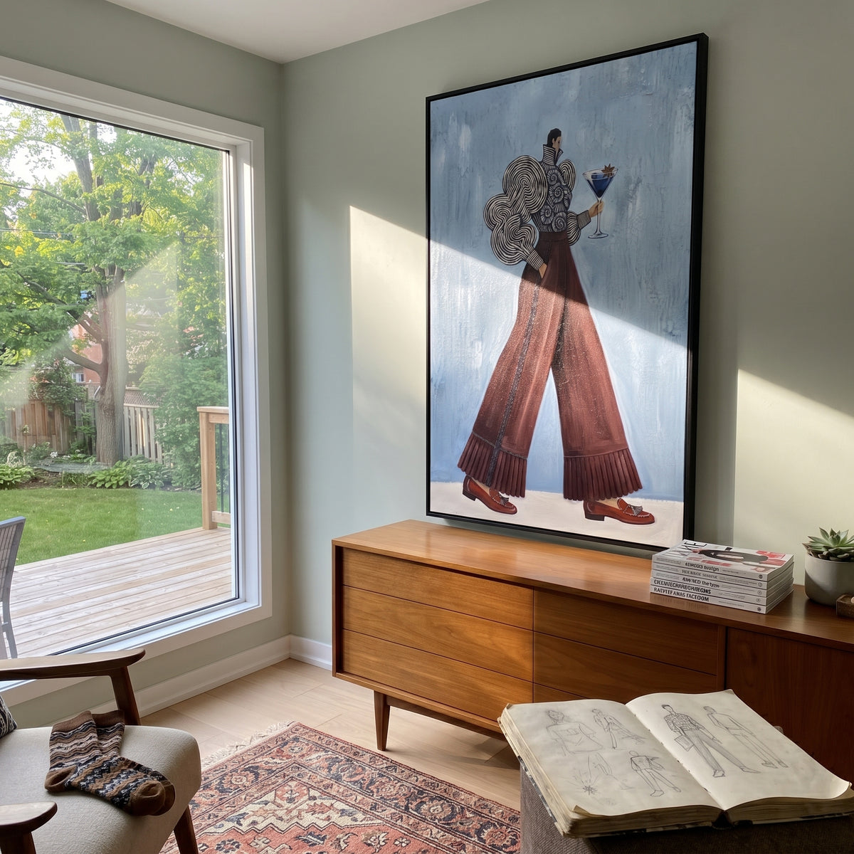 Tender Still Wide-Legged Fashion Figure focuses on a stylized fashion figure in dramatic trousers, blouse, or patterned coat. The composition keeps the principal subject clearly separated from the painted field, so the eye can follow the specific gesture, silhouette, garment, fur, petal, ridge, or river visible in this artwork. Its color relationships move between green, yellow, and beige, with lighter passages opening the focal area and deeper strokes giving the forms weight. Palette-knife