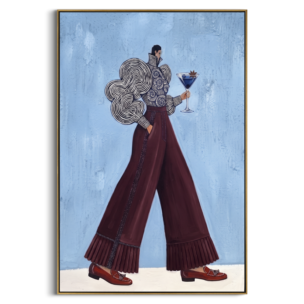 Tender Still Wide-Legged Fashion Figure focuses on a stylized fashion figure in dramatic trousers, blouse, or patterned coat. The composition keeps the principal subject clearly separated from the painted field, so the eye can follow the specific gesture, silhouette, garment, fur, petal, ridge, or river visible in this artwork. Its color relationships move between green, yellow, and beige, with lighter passages opening the focal area and deeper strokes giving the forms weight. Palette-knife