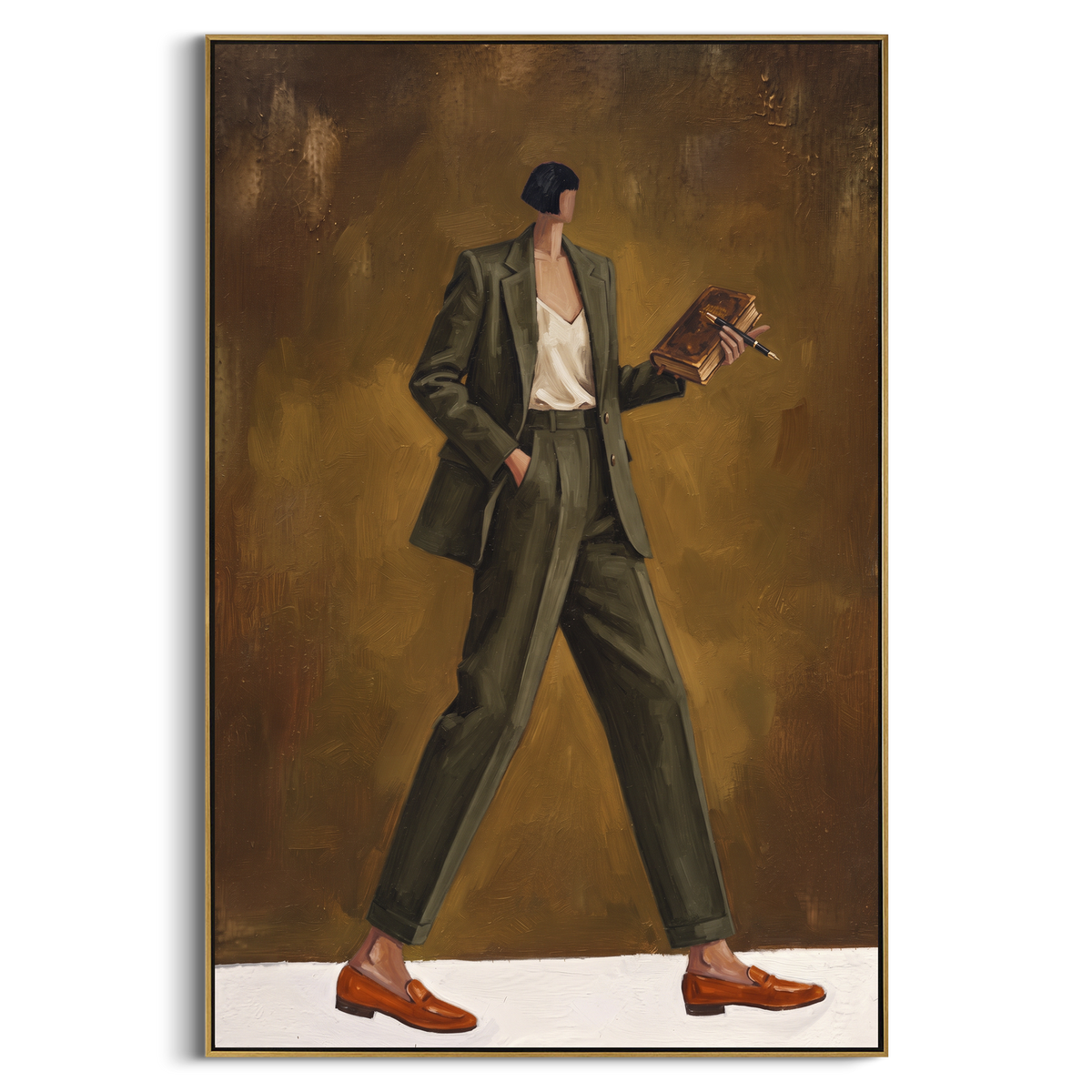 Mossy Still Wide-Legged Fashion Figure focuses on a stylized fashion figure in dramatic trousers, blouse, or patterned coat. The composition keeps the principal subject clearly separated from the painted field, so the eye can follow the specific gesture, silhouette, garment, fur, petal, ridge, or river visible in this artwork. Its color relationships move between green, brown, and yellow, with lighter passages opening the focal area and deeper strokes giving the forms weight. Palette-knife