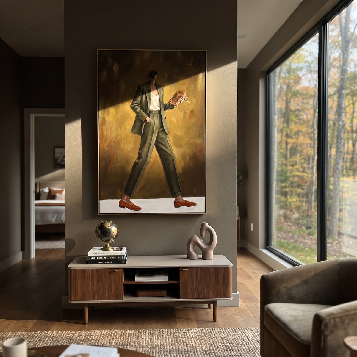 Mossy Still Wide-Legged Fashion Figure focuses on a stylized fashion figure in dramatic trousers, blouse, or patterned coat. The composition keeps the principal subject clearly separated from the painted field, so the eye can follow the specific gesture, silhouette, garment, fur, petal, ridge, or river visible in this artwork. Its color relationships move between green, brown, and yellow, with lighter passages opening the focal area and deeper strokes giving the forms weight. Palette-knife