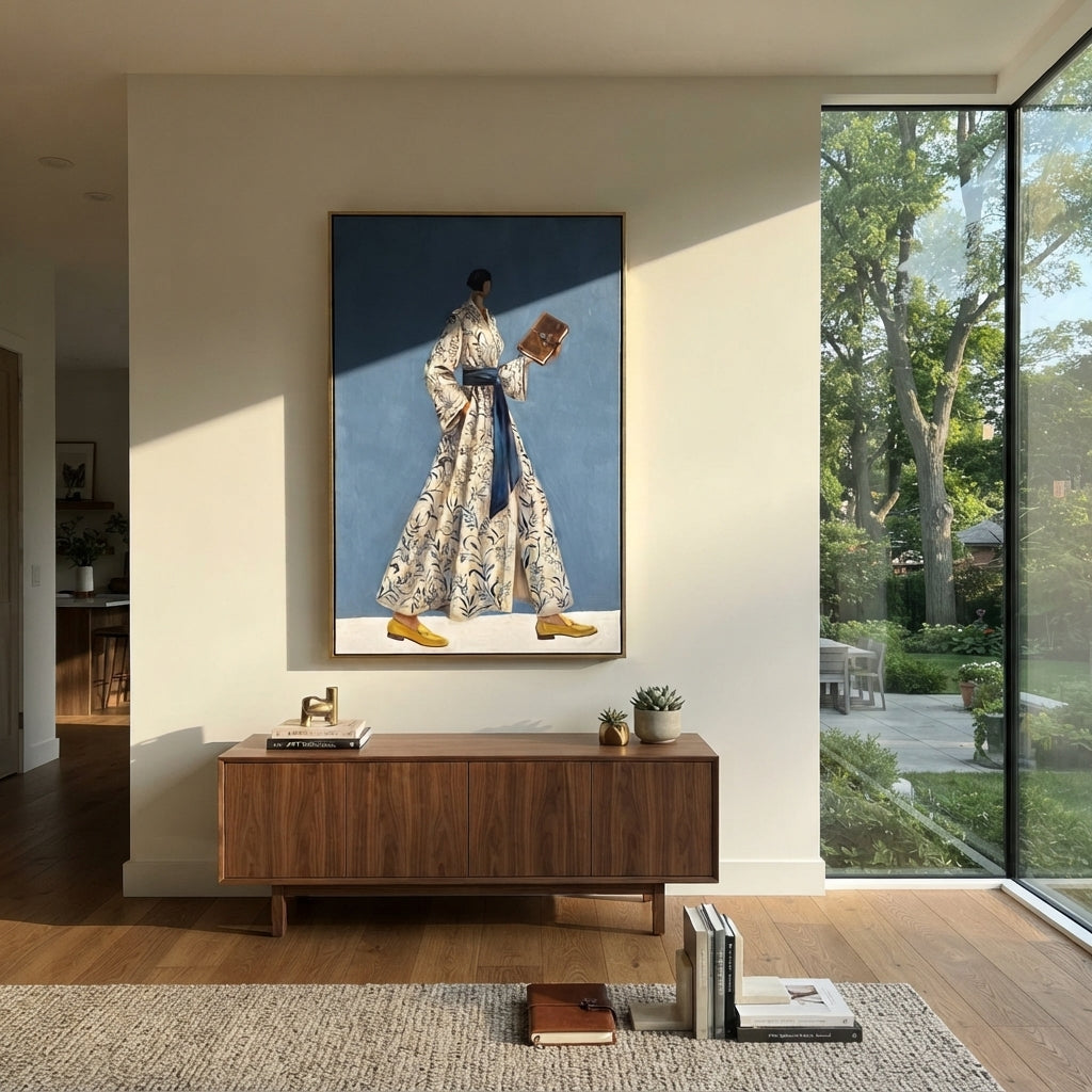 Golden Still Wide-Legged Fashion Figure focuses on a stylized fashion figure in dramatic trousers, blouse, or patterned coat. The composition keeps the principal subject clearly separated from the painted field, so the eye can follow the specific gesture, silhouette, garment, fur, petal, ridge, or river visible in this artwork. Its color relationships move between orange, black, and beige, with lighter passages opening the focal area and deeper strokes giving the forms weight. Palette-knife