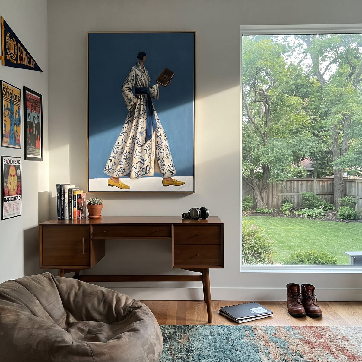 Golden Still Wide-Legged Fashion Figure focuses on a stylized fashion figure in dramatic trousers, blouse, or patterned coat. The composition keeps the principal subject clearly separated from the painted field, so the eye can follow the specific gesture, silhouette, garment, fur, petal, ridge, or river visible in this artwork. Its color relationships move between orange, black, and beige, with lighter passages opening the focal area and deeper strokes giving the forms weight. Palette-knife