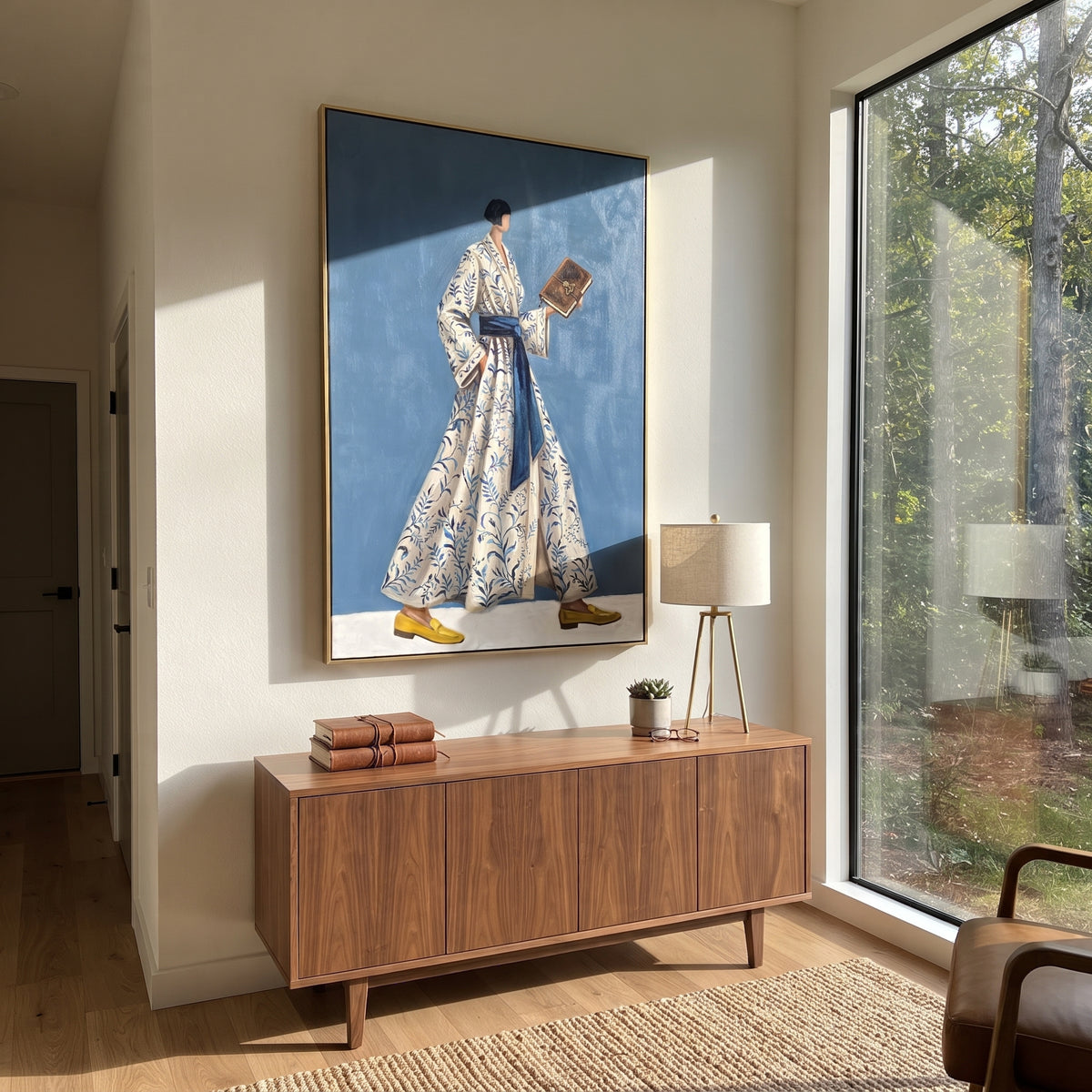 Golden Still Wide-Legged Fashion Figure focuses on a stylized fashion figure in dramatic trousers, blouse, or patterned coat. The composition keeps the principal subject clearly separated from the painted field, so the eye can follow the specific gesture, silhouette, garment, fur, petal, ridge, or river visible in this artwork. Its color relationships move between orange, black, and beige, with lighter passages opening the focal area and deeper strokes giving the forms weight. Palette-knife