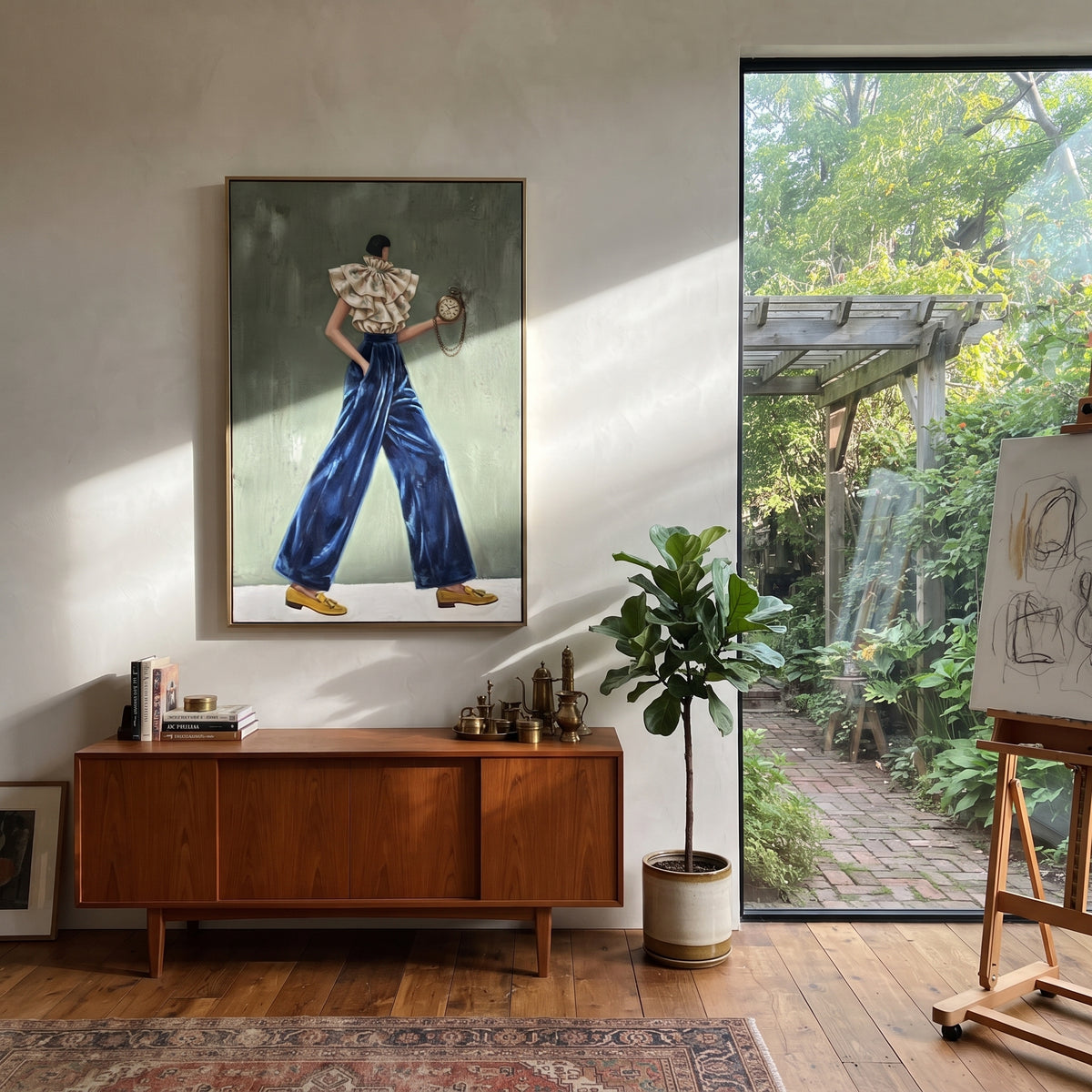 Soft Still Wide-Legged Fashion Figure focuses on a stylized fashion figure in dramatic trousers, blouse, or patterned coat. The composition keeps the principal subject clearly separated from the painted field, so the eye can follow the specific gesture, silhouette, garment, fur, petal, ridge, or river visible in this artwork. Its color relationships move between blue, red, and white, with lighter passages opening the focal area and deeper strokes giving the forms weight. Palette-knife edges