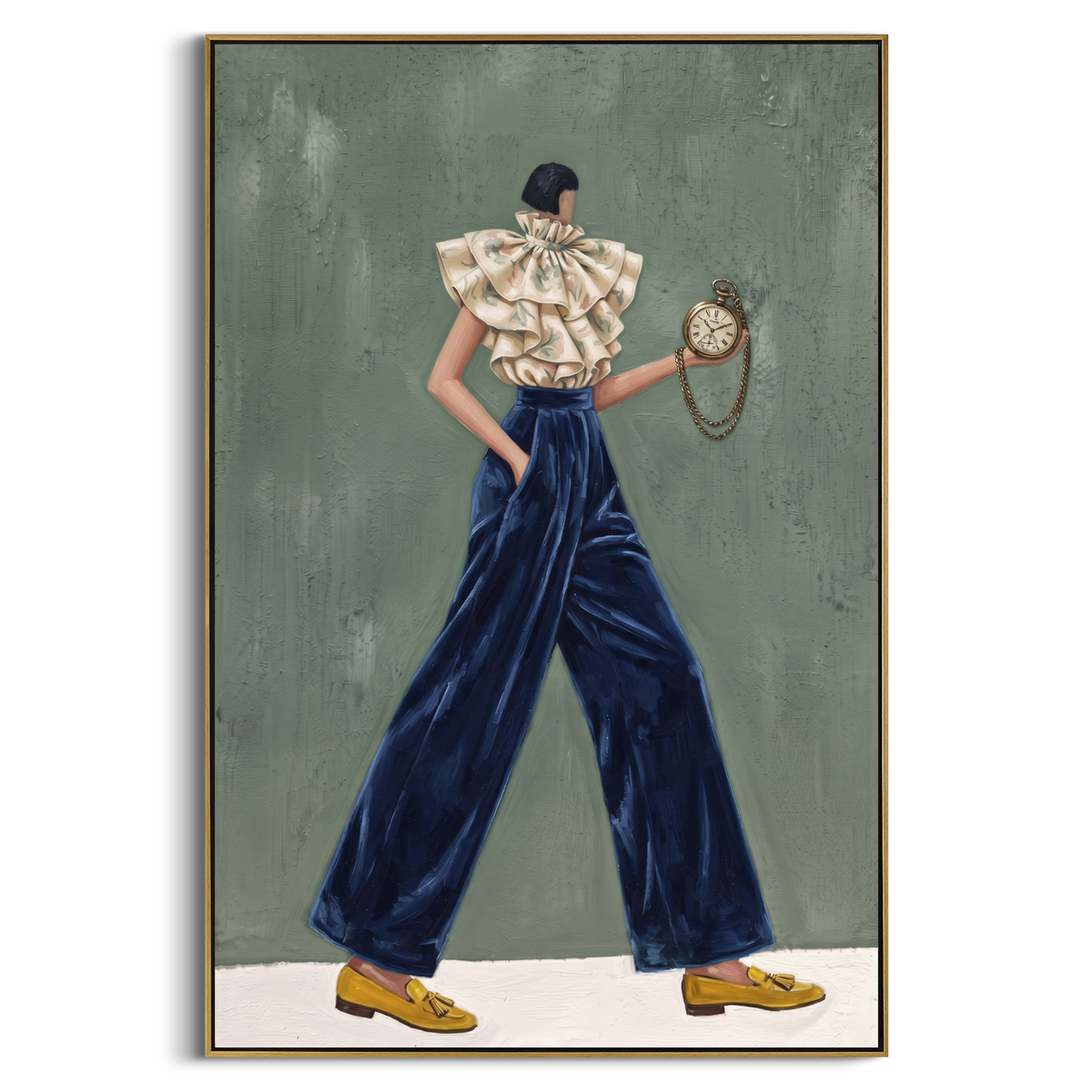 Soft Still Wide-Legged Fashion Figure focuses on a stylized fashion figure in dramatic trousers, blouse, or patterned coat. The composition keeps the principal subject clearly separated from the painted field, so the eye can follow the specific gesture, silhouette, garment, fur, petal, ridge, or river visible in this artwork. Its color relationships move between blue, red, and white, with lighter passages opening the focal area and deeper strokes giving the forms weight. Palette-knife edges