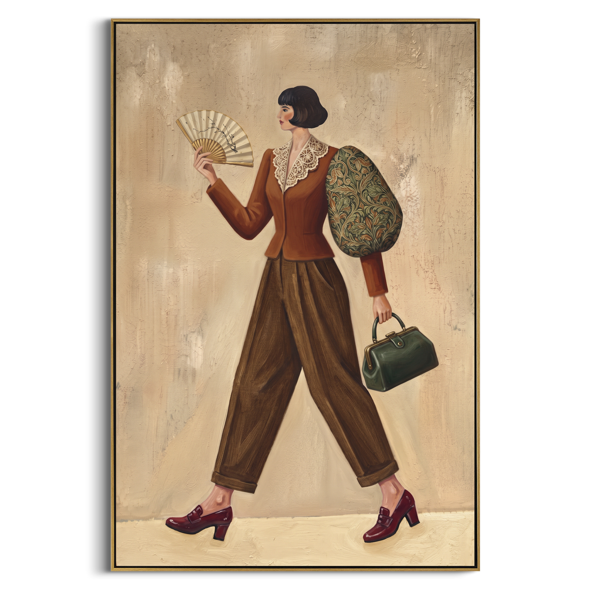 Restful Still Wide-Legged Fashion Figure focuses on a stylized fashion figure in dramatic trousers, blouse, or patterned coat. The composition keeps the principal subject clearly separated from the painted field, so the eye can follow the specific gesture, silhouette, garment, fur, petal, ridge, or river visible in this artwork. Its color relationships move between green, grey, and pink, with lighter passages opening the focal area and deeper strokes giving the forms weight. Palette-knife edges