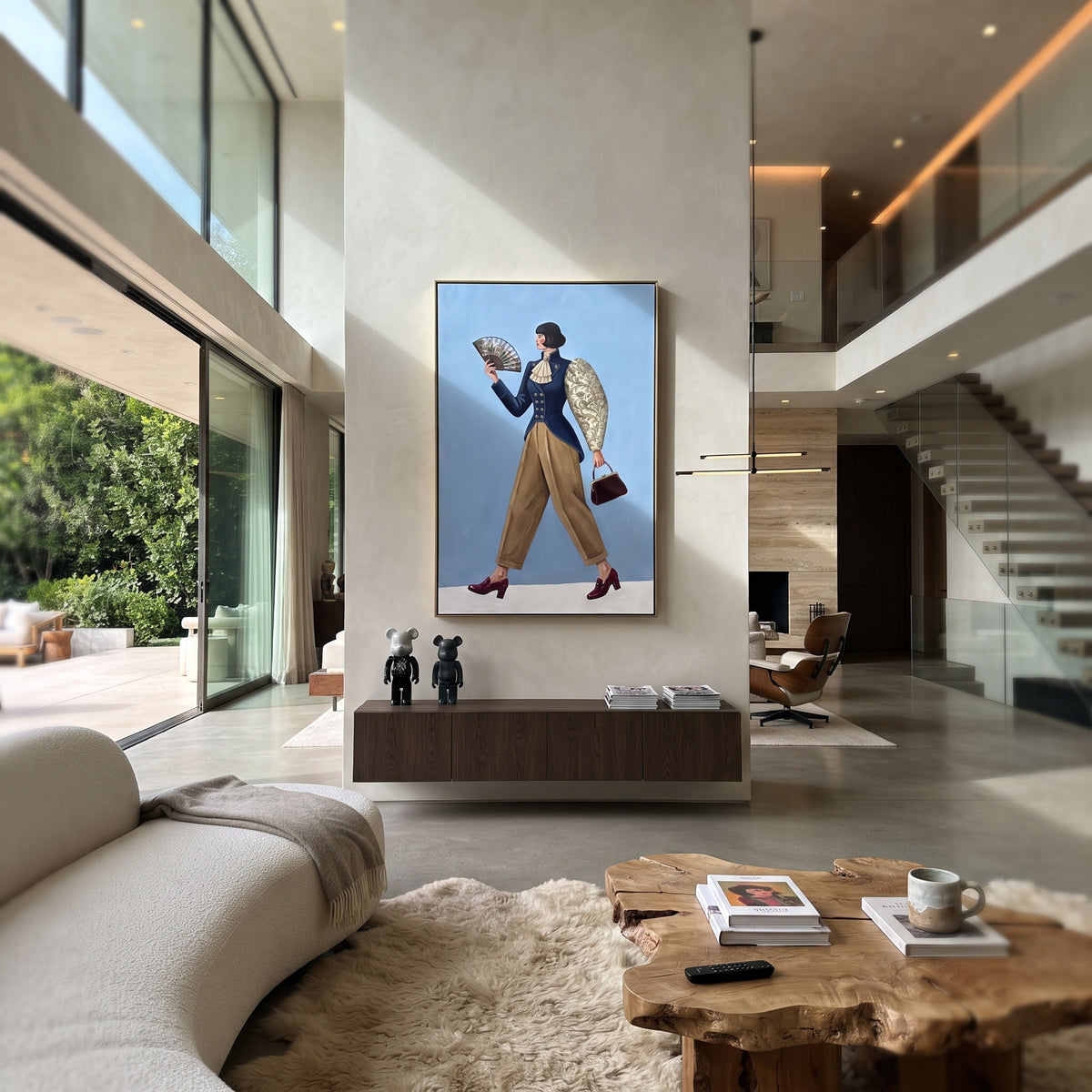 Playful Still Wide-Legged Fashion Figure focuses on a stylized fashion figure in dramatic trousers, blouse, or patterned coat. The composition keeps the principal subject clearly separated from the painted field, so the eye can follow the specific gesture, silhouette, garment, fur, petal, ridge, or river visible in this artwork. Its color relationships move between beige, black, and blue, with lighter passages opening the focal area and deeper strokes giving the forms weight. Palette-knife