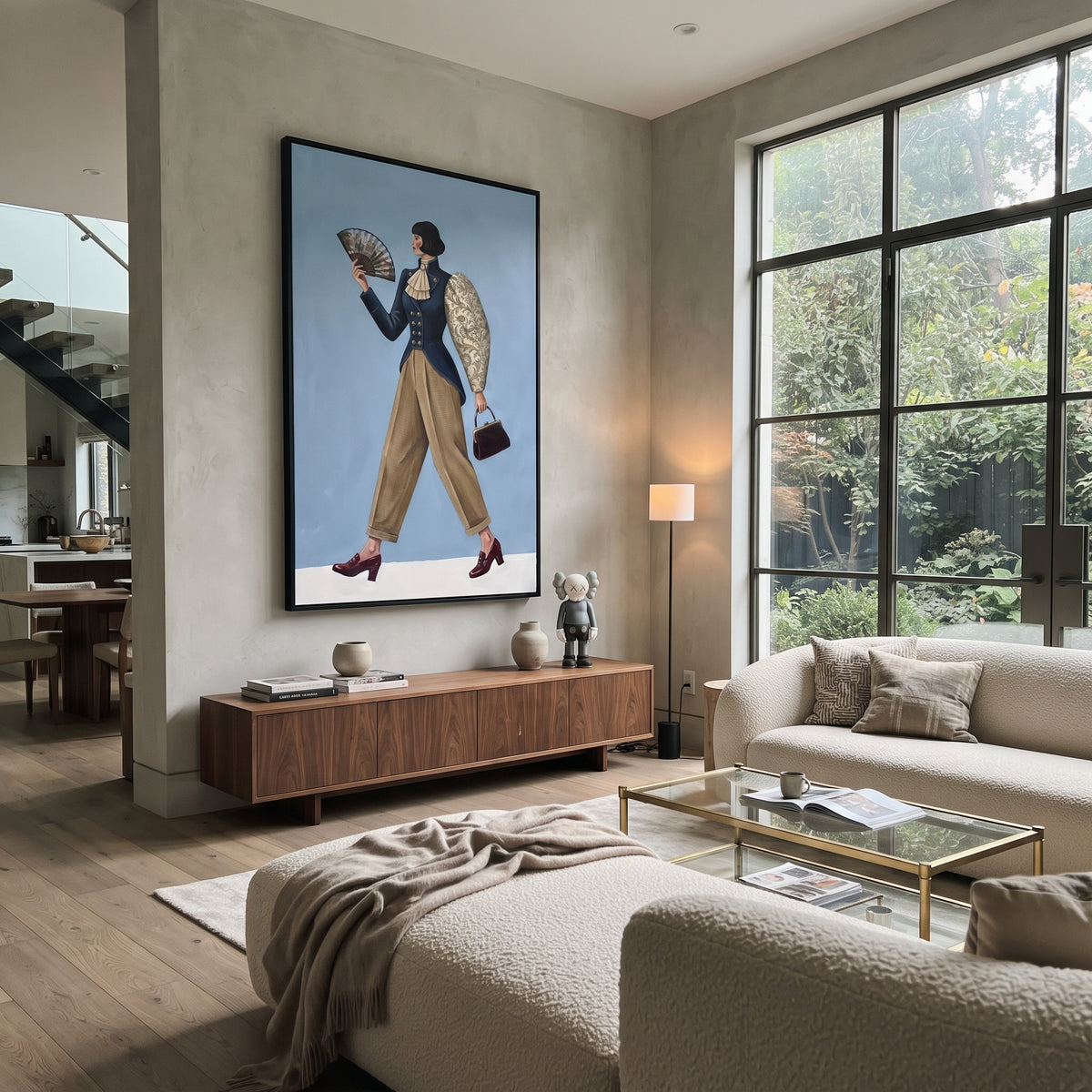 Playful Still Wide-Legged Fashion Figure focuses on a stylized fashion figure in dramatic trousers, blouse, or patterned coat. The composition keeps the principal subject clearly separated from the painted field, so the eye can follow the specific gesture, silhouette, garment, fur, petal, ridge, or river visible in this artwork. Its color relationships move between beige, black, and blue, with lighter passages opening the focal area and deeper strokes giving the forms weight. Palette-knife