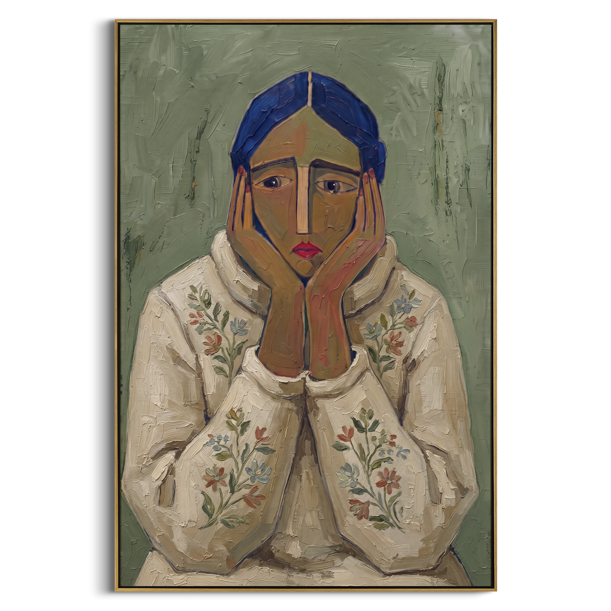 Warm Still Quiet Seated Portrait focuses on a seated woman with folded hands and patterned clothing. The composition keeps the principal subject clearly separated from the painted field, so the eye can follow the specific gesture, silhouette, garment, fur, petal, ridge, or river visible in this artwork. Its color relationships move between green, yellow, and beige, with lighter passages opening the focal area and deeper strokes giving the forms weight. Palette-knife edges, impasto ridges, broken