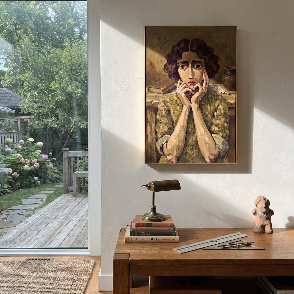 Still Still Quiet Seated Portrait focuses on a seated woman with folded hands and patterned clothing. The composition keeps the principal subject clearly separated from the painted field, so the eye can follow the specific gesture, silhouette, garment, fur, petal, ridge, or river visible in this artwork. Its color relationships move between blue, grey, and white, with lighter passages opening the focal area and deeper strokes giving the forms weight. Palette-knife edges, impasto ridges, broken