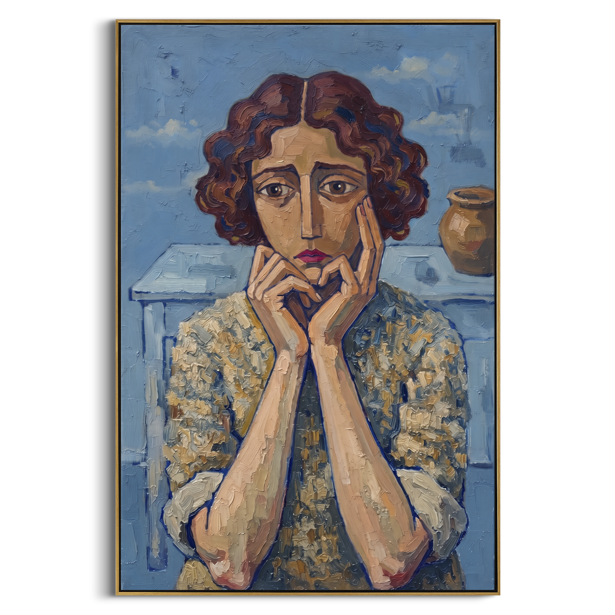 Gentle Still Quiet Seated Portrait focuses on a seated woman with folded hands and patterned clothing. The composition keeps the principal subject clearly separated from the painted field, so the eye can follow the specific gesture, silhouette, garment, fur, petal, ridge, or river visible in this artwork. Its color relationships move between green, brown, and yellow, with lighter passages opening the focal area and deeper strokes giving the forms weight. Palette-knife edges, impasto ridges