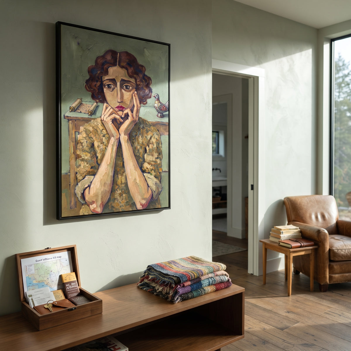 Open Still Quiet Seated Portrait focuses on a seated woman with folded hands and patterned clothing. The composition keeps the principal subject clearly separated from the painted field, so the eye can follow the specific gesture, silhouette, garment, fur, petal, ridge, or river visible in this artwork. Its color relationships move between orange, black, and beige, with lighter passages opening the focal area and deeper strokes giving the forms weight. Palette-knife edges, impasto ridges, broken