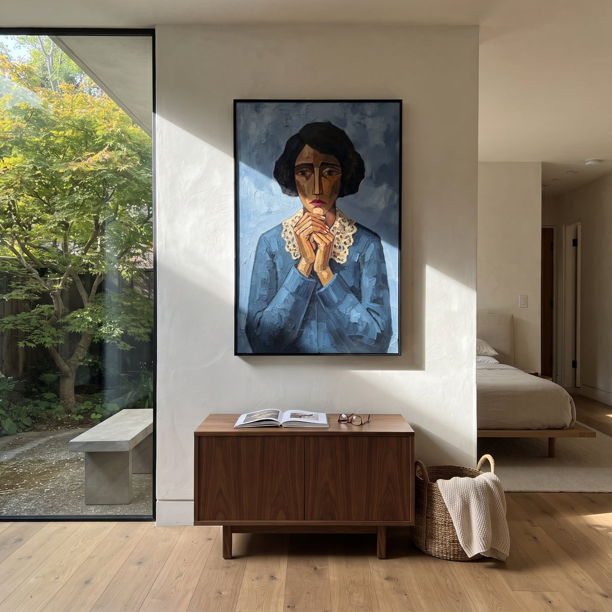 Reflective Still Quiet Seated Portrait focuses on a seated woman with folded hands and patterned clothing. The composition keeps the principal subject clearly separated from the painted field, so the eye can follow the specific gesture, silhouette, garment, fur, petal, ridge, or river visible in this artwork. Its color relationships move between green, grey, and pink, with lighter passages opening the focal area and deeper strokes giving the forms weight. Palette-knife edges, impasto ridges