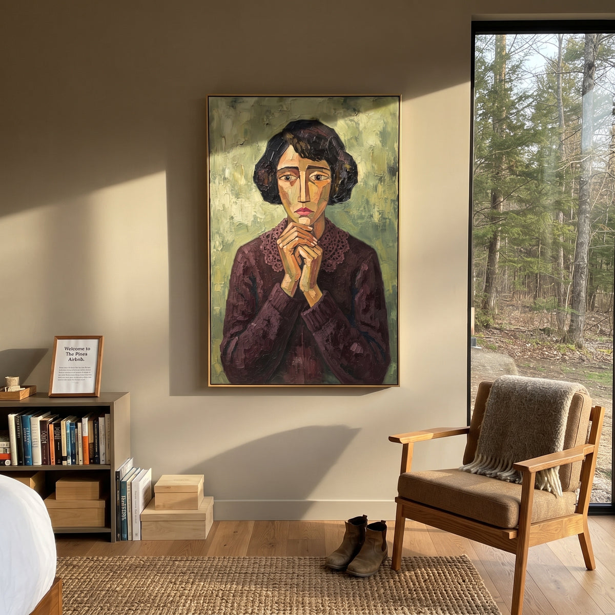 Midnight Still Quiet Seated Portrait focuses on a seated woman with folded hands and patterned clothing. The composition keeps the principal subject clearly separated from the painted field, so the eye can follow the specific gesture, silhouette, garment, fur, petal, ridge, or river visible in this artwork. Its color relationships move between beige, black, and blue, with lighter passages opening the focal area and deeper strokes giving the forms weight. Palette-knife edges, impasto ridges