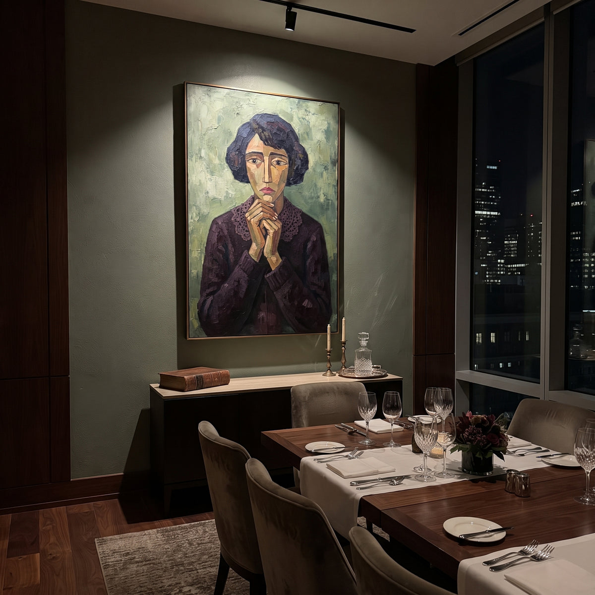 Midnight Still Quiet Seated Portrait focuses on a seated woman with folded hands and patterned clothing. The composition keeps the principal subject clearly separated from the painted field, so the eye can follow the specific gesture, silhouette, garment, fur, petal, ridge, or river visible in this artwork. Its color relationships move between beige, black, and blue, with lighter passages opening the focal area and deeper strokes giving the forms weight. Palette-knife edges, impasto ridges