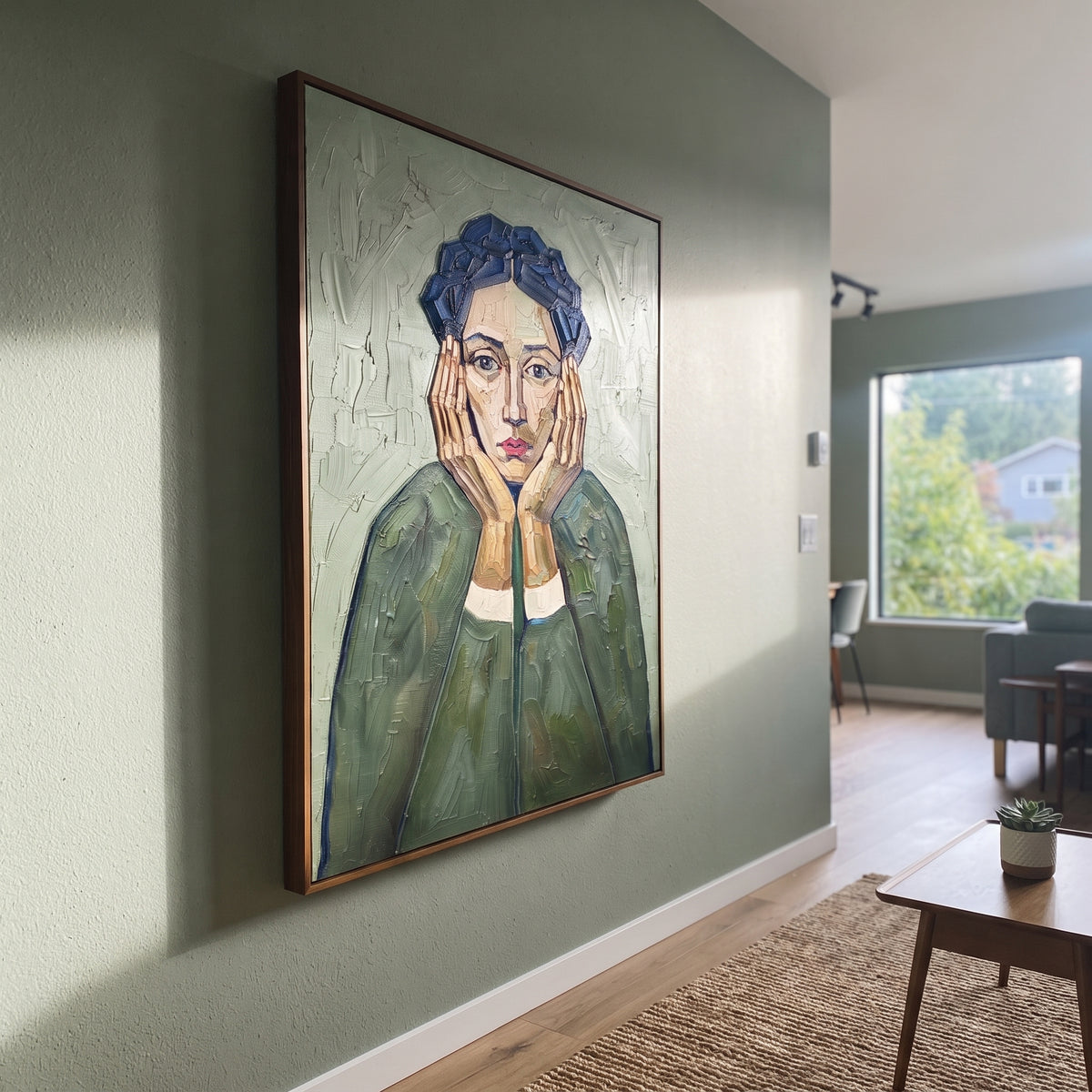 Luminous Gentle Quiet Seated Portrait focuses on a seated woman with folded hands and patterned clothing. The composition keeps the principal subject clearly separated from the painted field, so the eye can follow the specific gesture, silhouette, garment, fur, petal, ridge, or river visible in this artwork. Its color relationships move between orange, pink, and green, with lighter passages opening the focal area and deeper strokes giving the forms weight. Palette-knife edges, impasto ridges