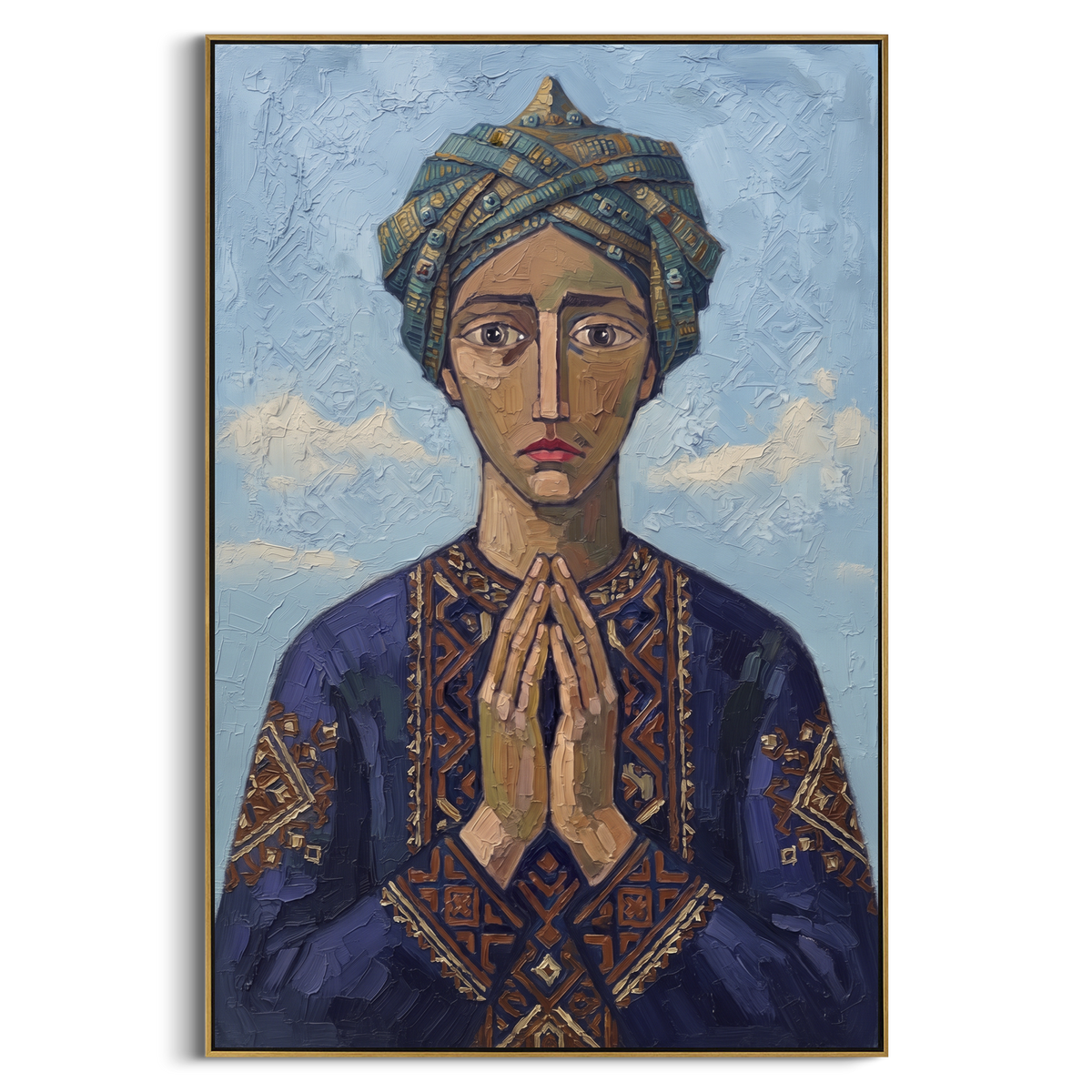 Cobalt Gentle Quiet Seated Portrait focuses on a seated woman with folded hands and patterned clothing. The composition keeps the principal subject clearly separated from the painted field, so the eye can follow the specific gesture, silhouette, garment, fur, petal, ridge, or river visible in this artwork. Its color relationships move between blue, grey, and white, with lighter passages opening the focal area and deeper strokes giving the forms weight. Palette-knife edges, impasto ridges, broken
