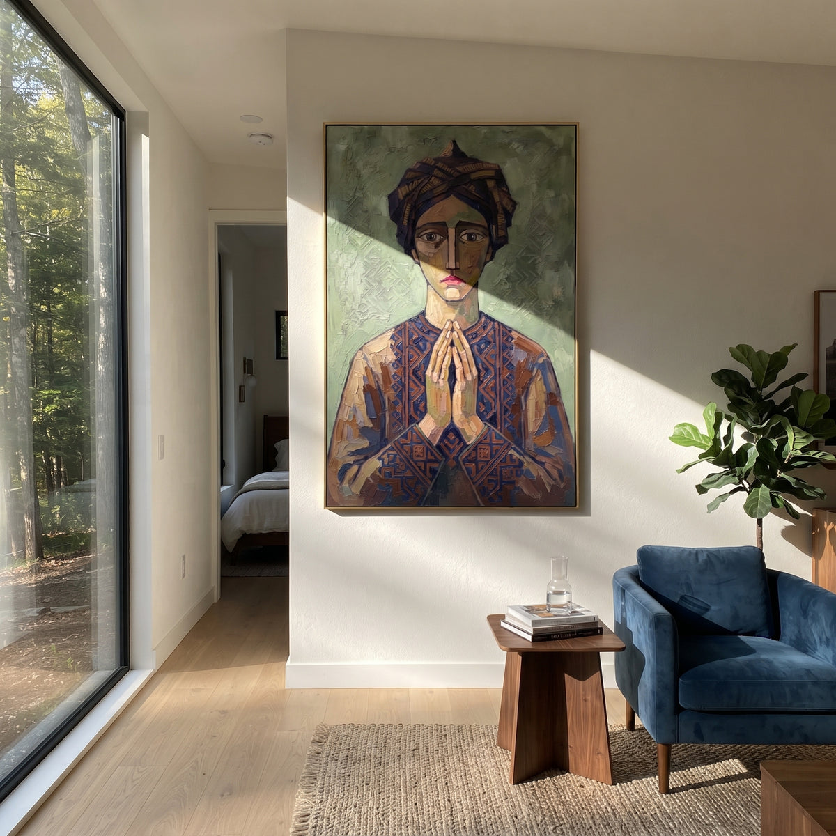Mossy Gentle Quiet Seated Portrait focuses on a seated woman with folded hands and patterned clothing. The composition keeps the principal subject clearly separated from the painted field, so the eye can follow the specific gesture, silhouette, garment, fur, petal, ridge, or river visible in this artwork. Its color relationships move between green, brown, and yellow, with lighter passages opening the focal area and deeper strokes giving the forms weight. Palette-knife edges, impasto ridges