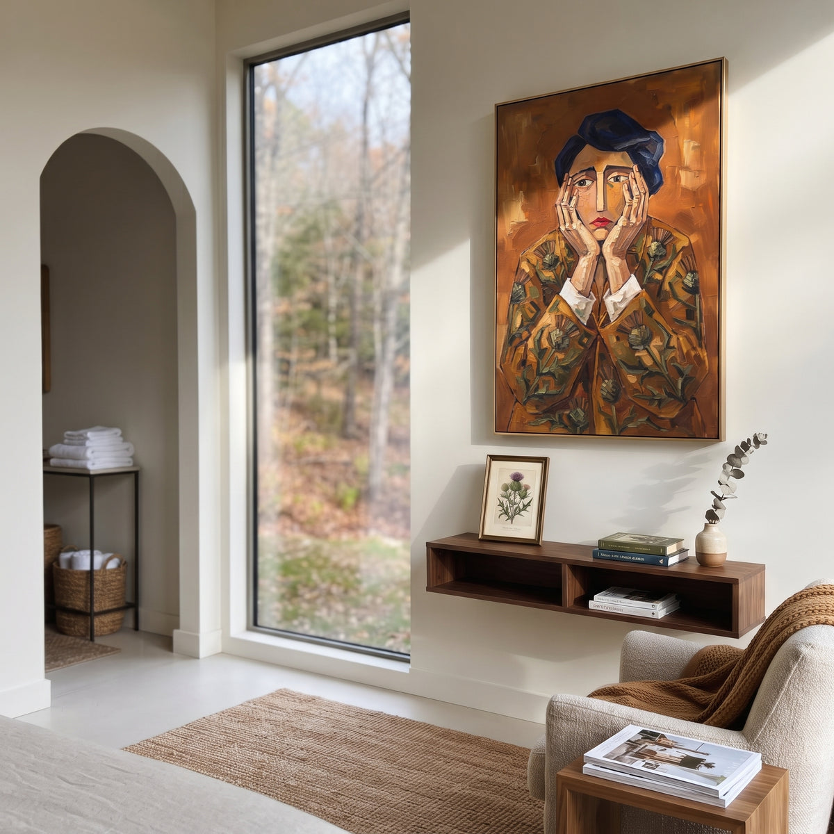Golden Gentle Quiet Seated Portrait focuses on a seated woman with folded hands and patterned clothing. The composition keeps the principal subject clearly separated from the painted field, so the eye can follow the specific gesture, silhouette, garment, fur, petal, ridge, or river visible in this artwork. Its color relationships move between orange, black, and beige, with lighter passages opening the focal area and deeper strokes giving the forms weight. Palette-knife edges, impasto ridges