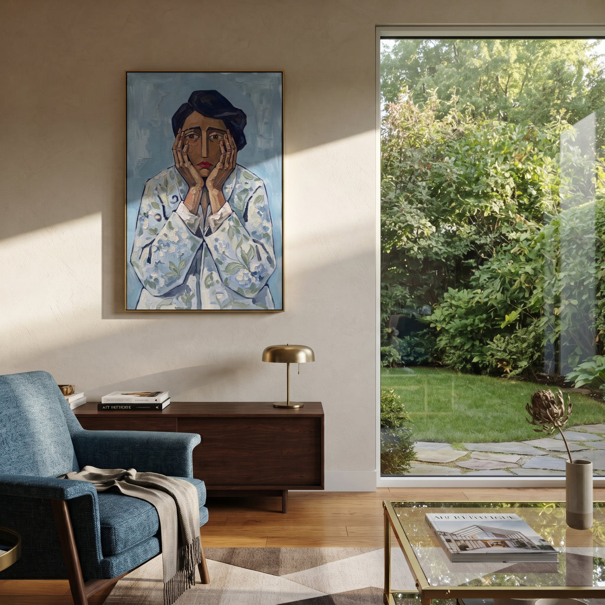 Soft Gentle Quiet Seated Portrait focuses on a seated woman with folded hands and patterned clothing. The composition keeps the principal subject clearly separated from the painted field, so the eye can follow the specific gesture, silhouette, garment, fur, petal, ridge, or river visible in this artwork. Its color relationships move between blue, red, and white, with lighter passages opening the focal area and deeper strokes giving the forms weight. Palette-knife edges, impasto ridges, broken
