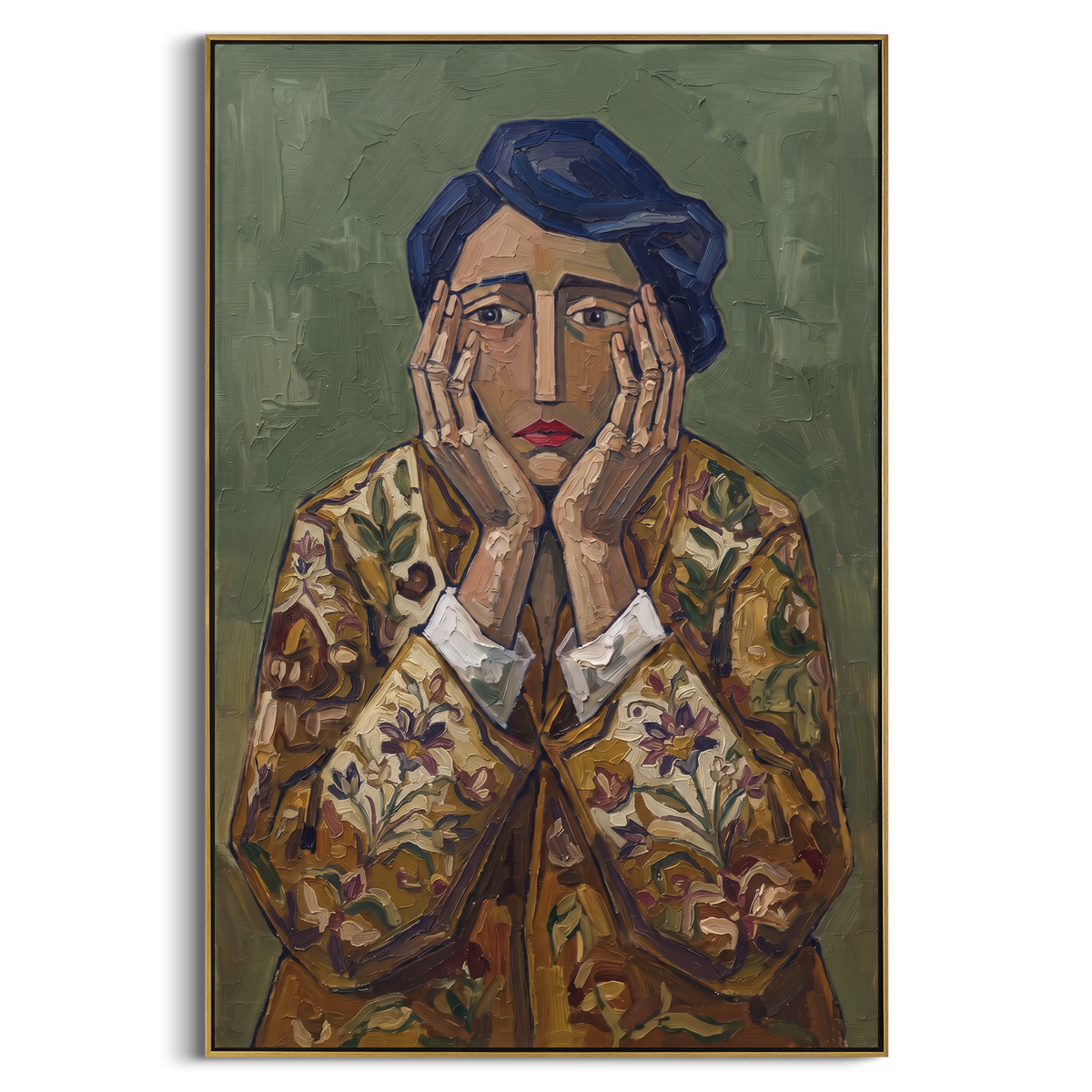 Restful Gentle Quiet Seated Portrait focuses on a seated woman with folded hands and patterned clothing. The composition keeps the principal subject clearly separated from the painted field, so the eye can follow the specific gesture, silhouette, garment, fur, petal, ridge, or river visible in this artwork. Its color relationships move between green, grey, and pink, with lighter passages opening the focal area and deeper strokes giving the forms weight. Palette-knife edges, impasto ridges