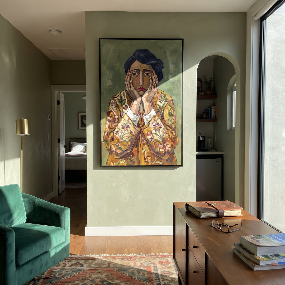 Restful Gentle Quiet Seated Portrait focuses on a seated woman with folded hands and patterned clothing. The composition keeps the principal subject clearly separated from the painted field, so the eye can follow the specific gesture, silhouette, garment, fur, petal, ridge, or river visible in this artwork. Its color relationships move between green, grey, and pink, with lighter passages opening the focal area and deeper strokes giving the forms weight. Palette-knife edges, impasto ridges
