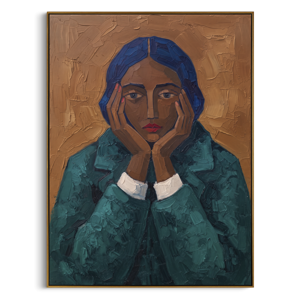 Playful Gentle Quiet Seated Portrait focuses on a seated woman with folded hands and patterned clothing. The composition keeps the principal subject clearly separated from the painted field, so the eye can follow the specific gesture, silhouette, garment, fur, petal, ridge, or river visible in this artwork. Its color relationships move between beige, black, and blue, with lighter passages opening the focal area and deeper strokes giving the forms weight. Palette-knife edges, impasto ridges
