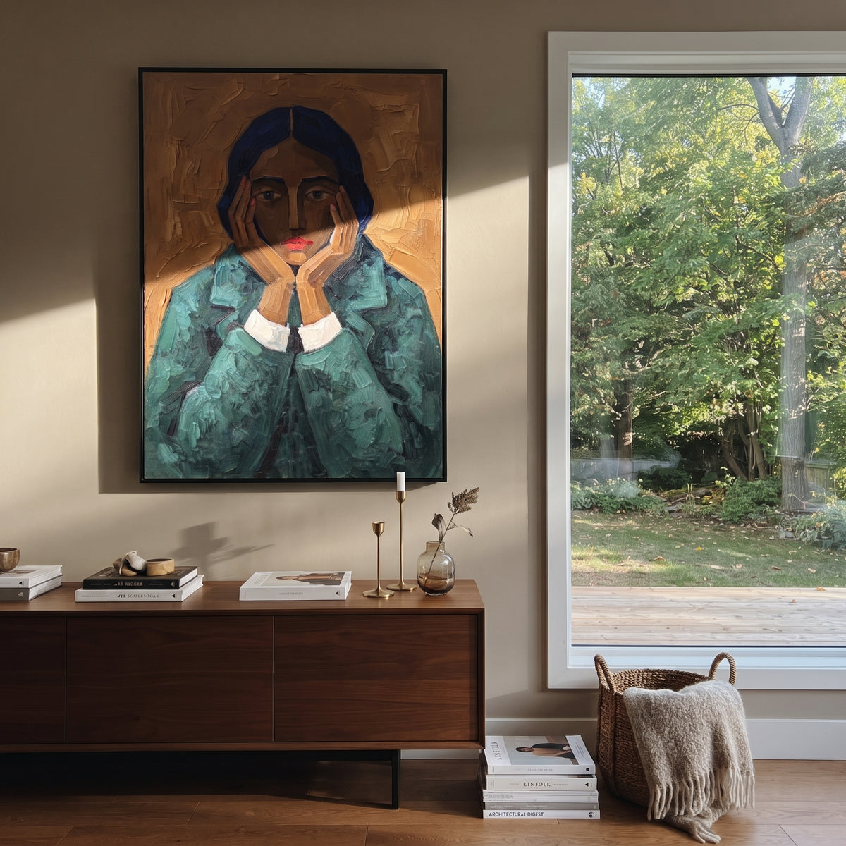 Playful Gentle Quiet Seated Portrait focuses on a seated woman with folded hands and patterned clothing. The composition keeps the principal subject clearly separated from the painted field, so the eye can follow the specific gesture, silhouette, garment, fur, petal, ridge, or river visible in this artwork. Its color relationships move between beige, black, and blue, with lighter passages opening the focal area and deeper strokes giving the forms weight. Palette-knife edges, impasto ridges