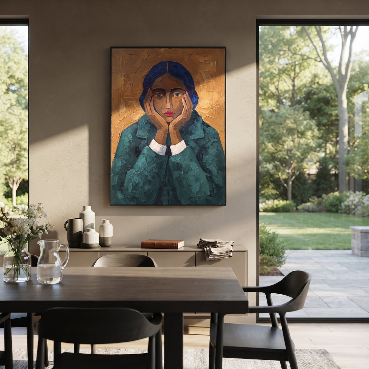 Playful Gentle Quiet Seated Portrait focuses on a seated woman with folded hands and patterned clothing. The composition keeps the principal subject clearly separated from the painted field, so the eye can follow the specific gesture, silhouette, garment, fur, petal, ridge, or river visible in this artwork. Its color relationships move between beige, black, and blue, with lighter passages opening the focal area and deeper strokes giving the forms weight. Palette-knife edges, impasto ridges